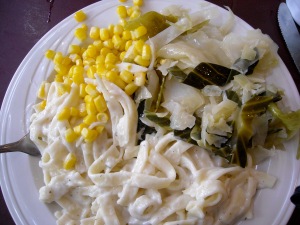 Fettuchini Alfredo with Corn and Cabbage